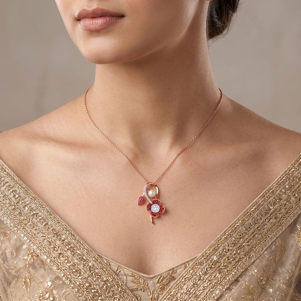 Floral 14Kt Diamond and Red Stone Pendant-Pendants-OPS26E44-D409X0C