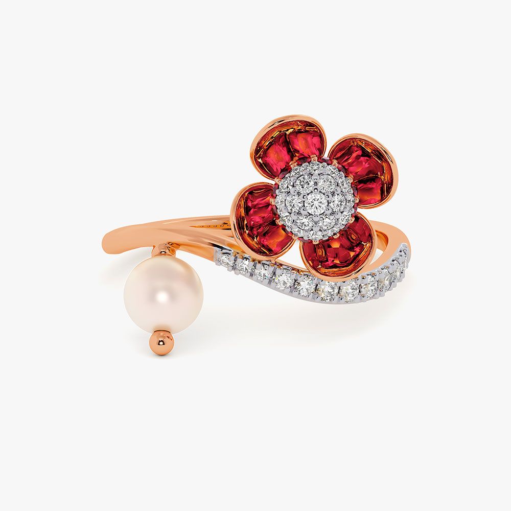 Floral 14Kt Diamond and Red Stone Ring-Rings-ORG26AC5