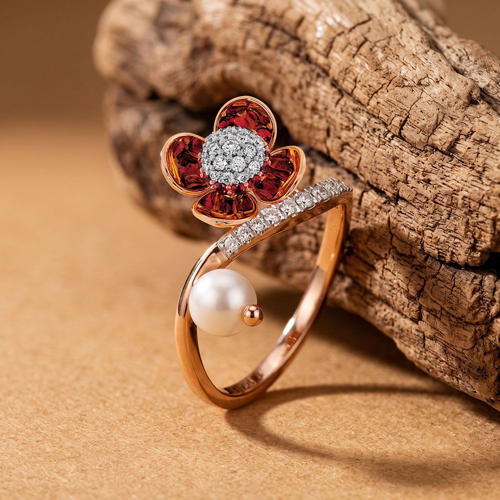 Floral 14Kt Diamond and Red Stone Ring-Rings-ORG26AC5