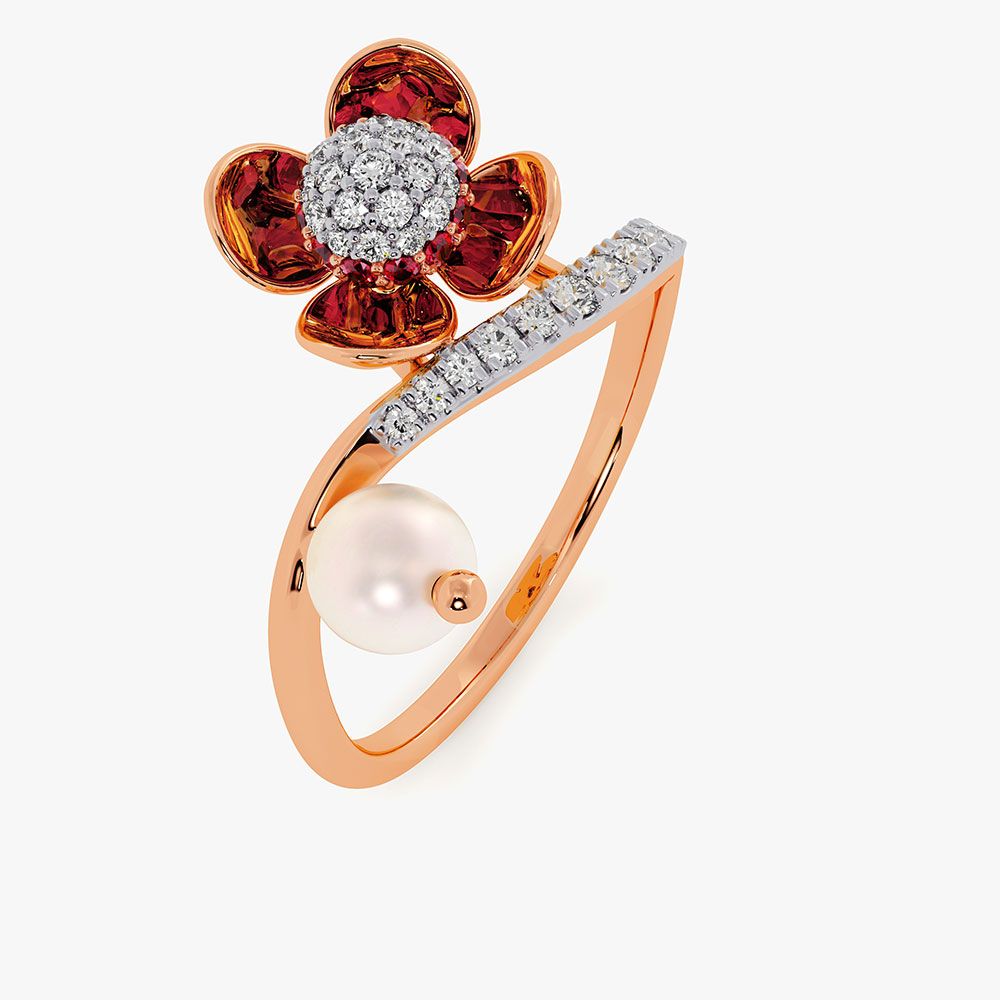 Floral 14Kt Diamond and Red Stone Ring-Rings-ORG26AC5