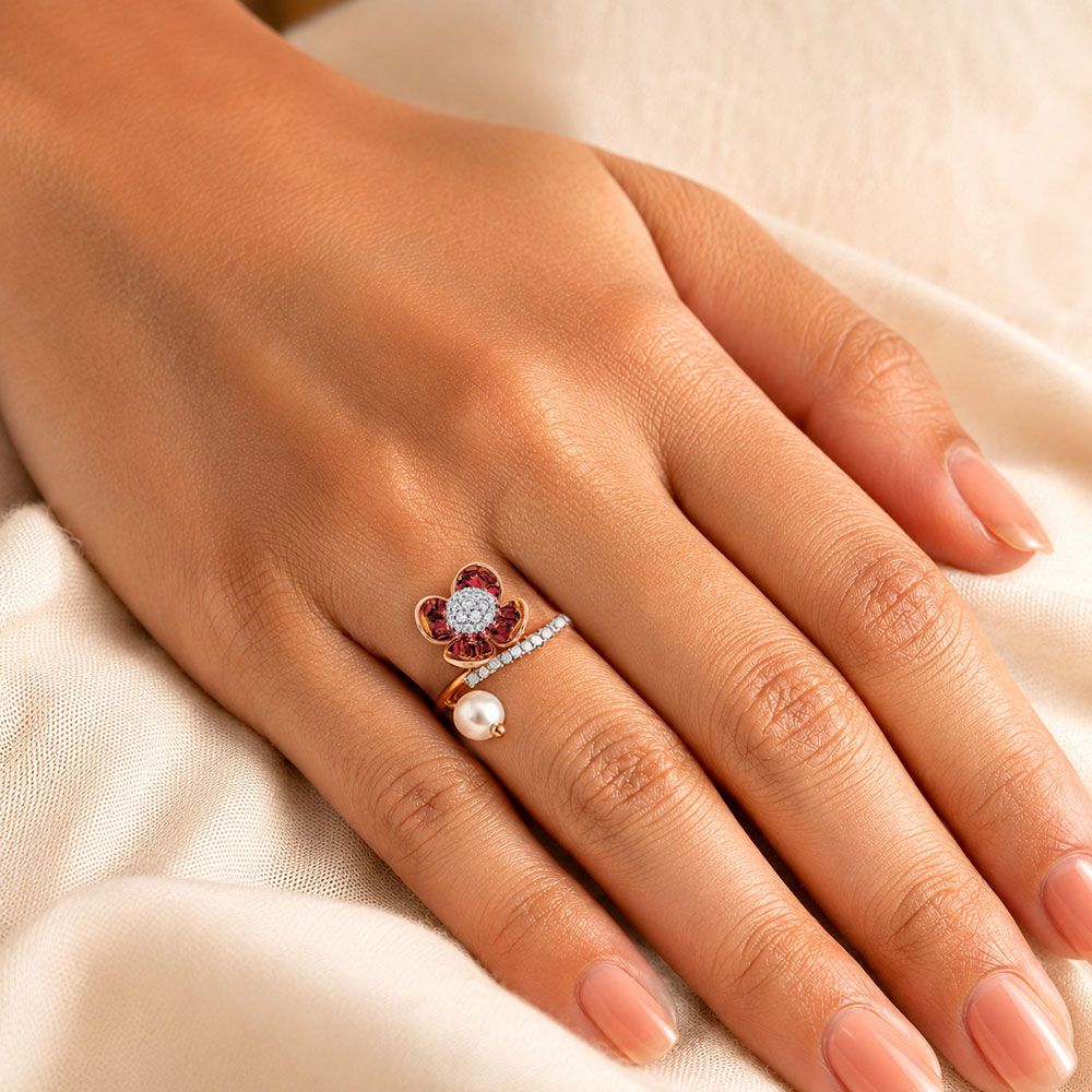 Floral 14Kt Diamond and Red Stone Ring-Rings-ORG26AC5