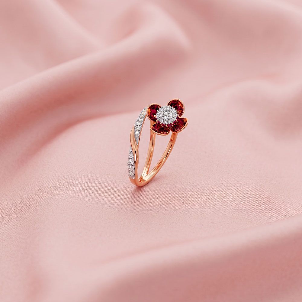 Radiant 14Kt Diamond and Red Stone Ring-Rings-ORG26AC6