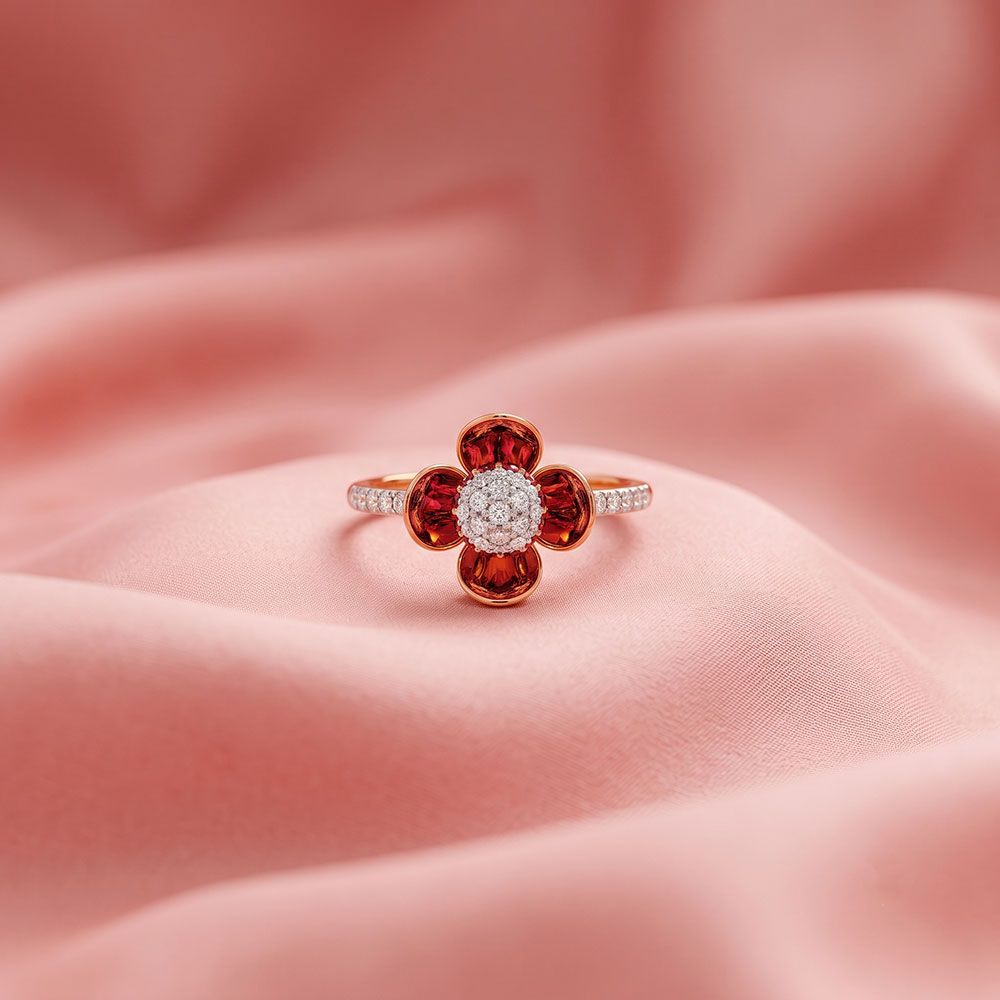 Graceful 14Kt Diamond and Red Stone Ring-Rings-ORG26E43