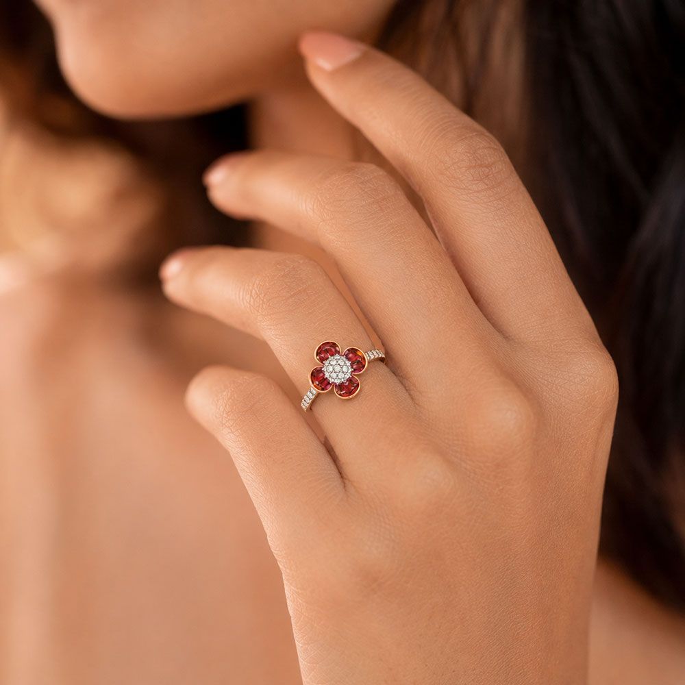 Graceful 14Kt Diamond and Red Stone Ring-Rings-ORG26E43