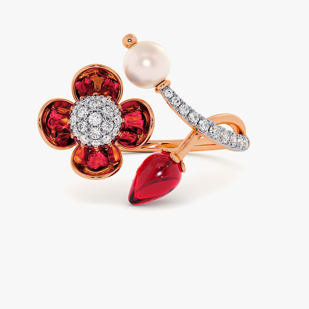 Vibrant 14Kt Diamond and Red Stone Ring-Rings-ORG26IE7