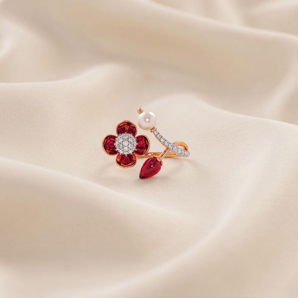 Vibrant 14Kt Diamond and Red Stone Ring-Rings-ORG26IE7