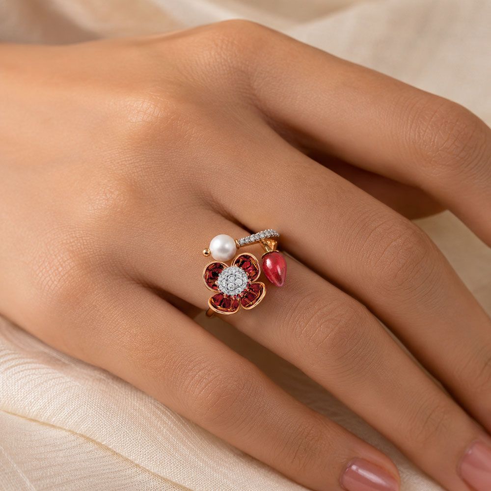 Vibrant 14Kt Diamond and Red Stone Ring-Rings-ORG26IE7