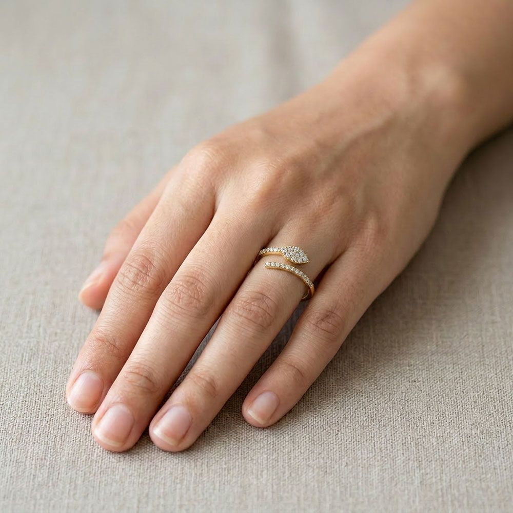 Elegant Leaf Yellow Gold Diamond Ring-Rings-ORG26K46