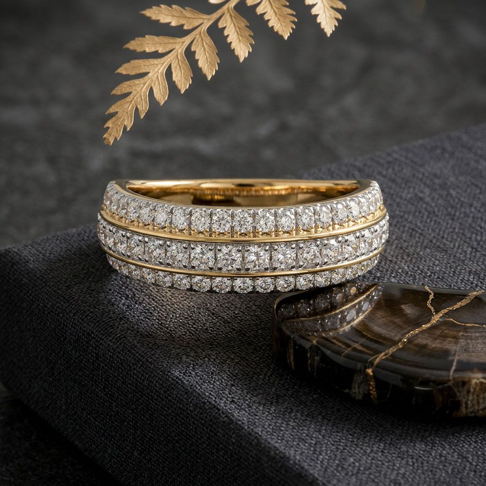 Bold Multirow Yellow Gold Diamond Ring-Rings-ORG26K47