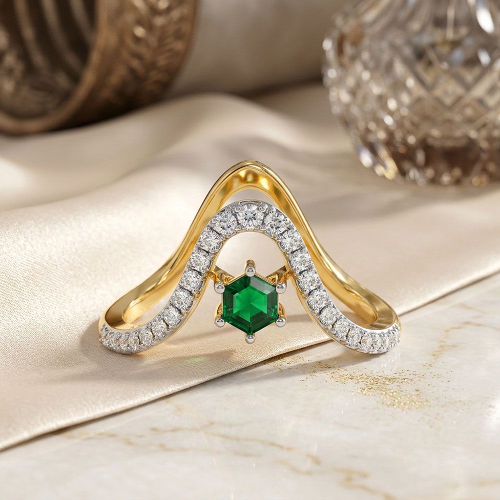 Stylish Yellow Gold Diamond and Green Stone Ring-Rings-ORG26K49