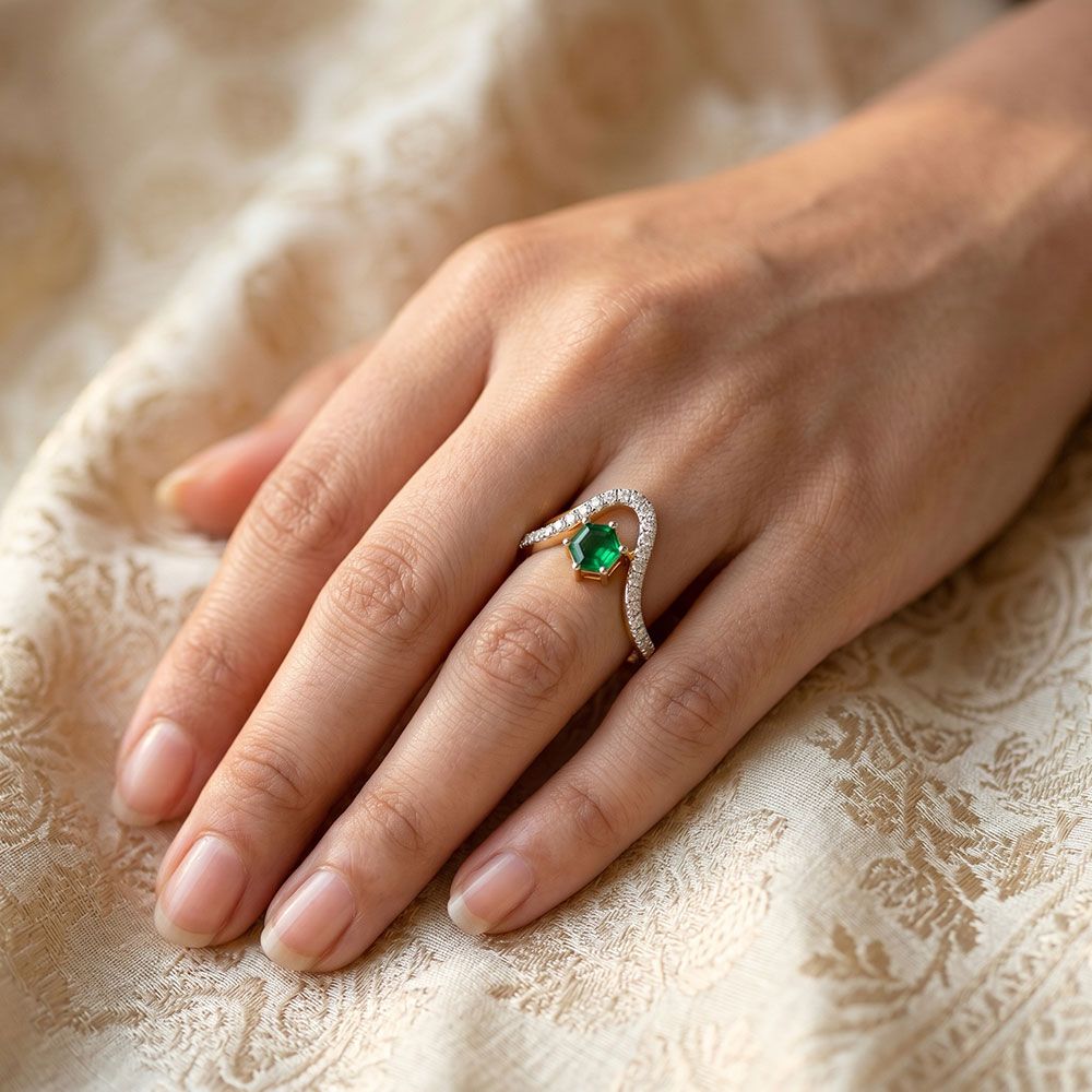 Stylish Yellow Gold Diamond and Green Stone Ring-Rings-ORG26K49