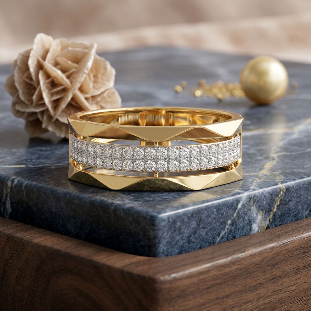 Clean Structured Yellow Gold Diamond Ring-Rings-ORG26K53