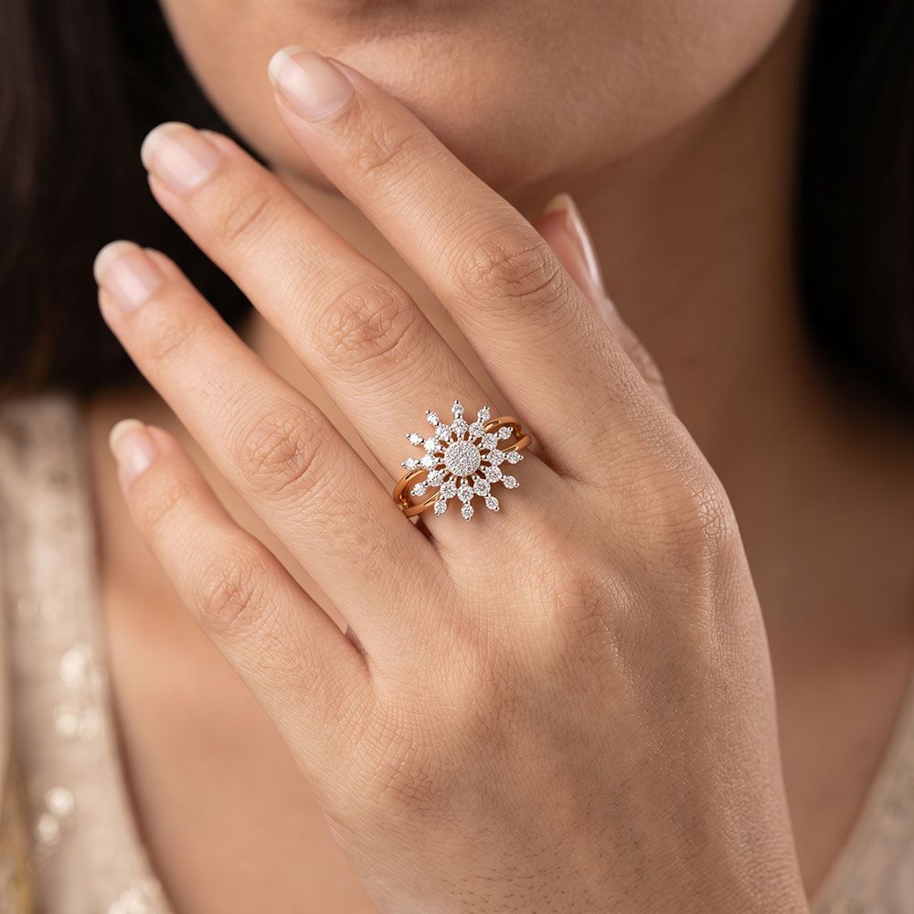 Divine Flower 14Kt Yellow Gold Diamond Ring-Rings-ORG26K73
