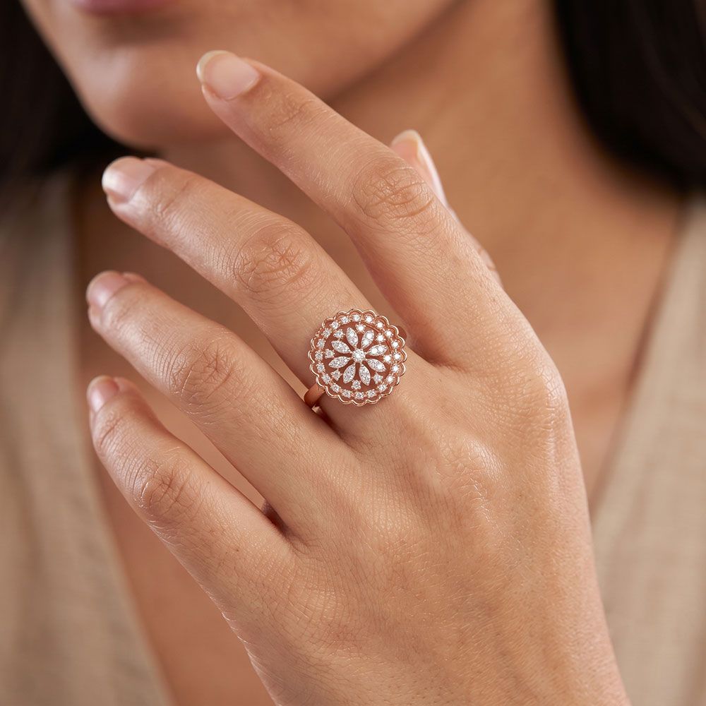 Floral Cluster 14Kt Rose Gold Diamond Ring-Rings-ORG26K77