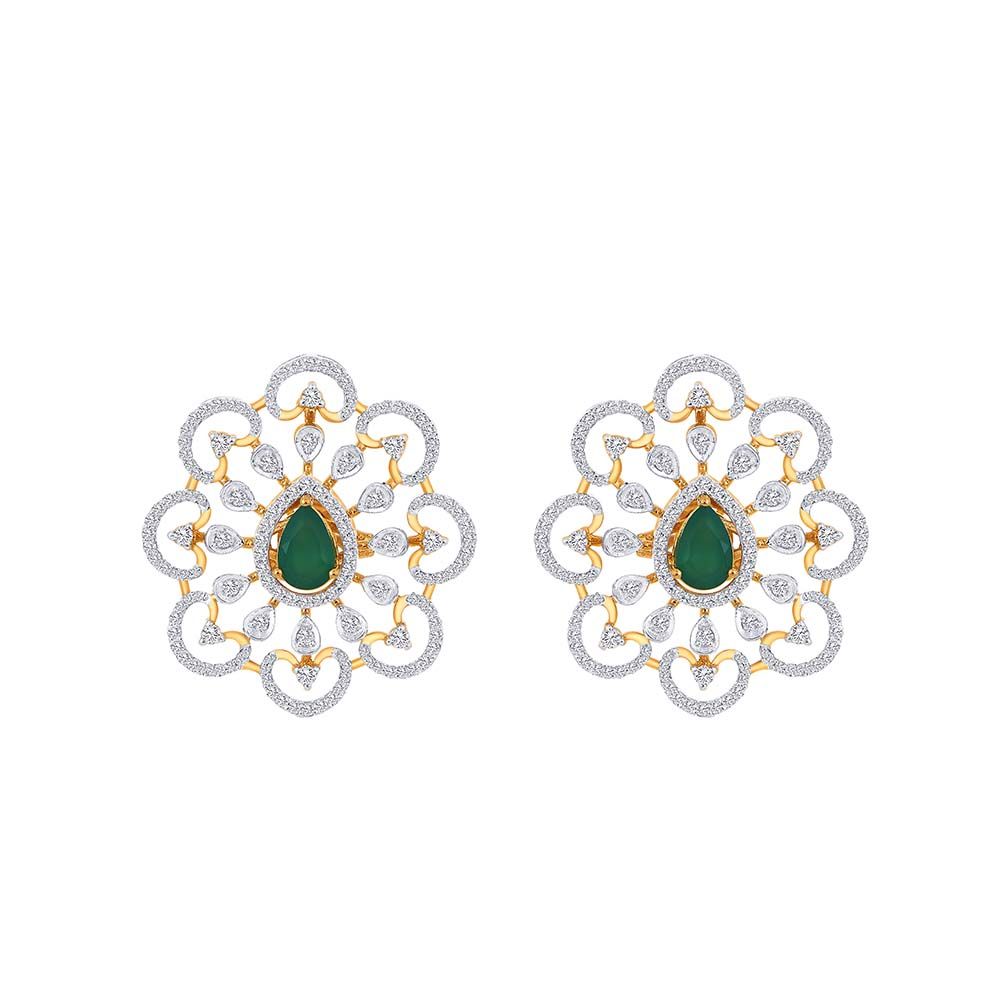 Vibrant Floral Diamond and Green Gemstone Earrings-Earrings-OSE23A05-D311R0B