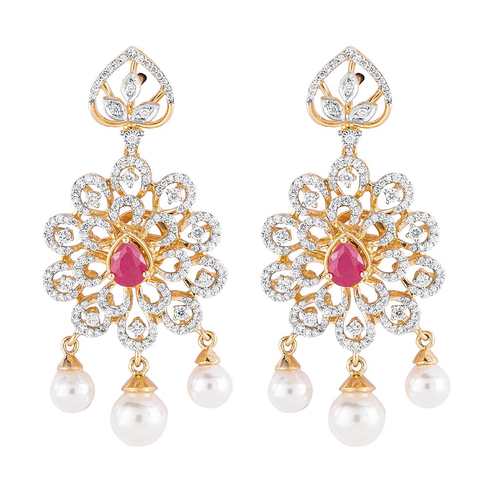 Floral Motif Diamond and Red Gemstone Haram Necklace Set-Necklace Sets-ONS23A06-D309R0B