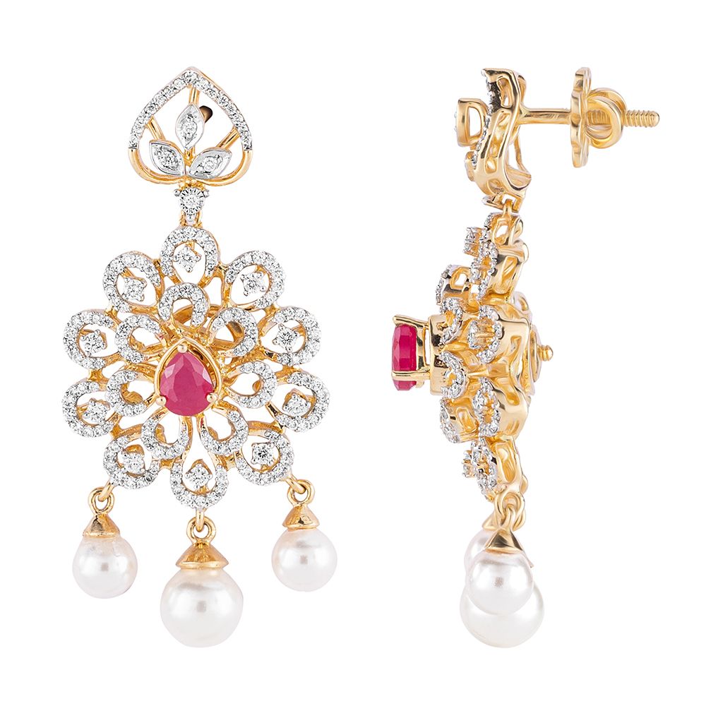 Floral Motif Diamond and Red Gemstone Haram Necklace Set-Necklace Sets-ONS23A06-D309R0B