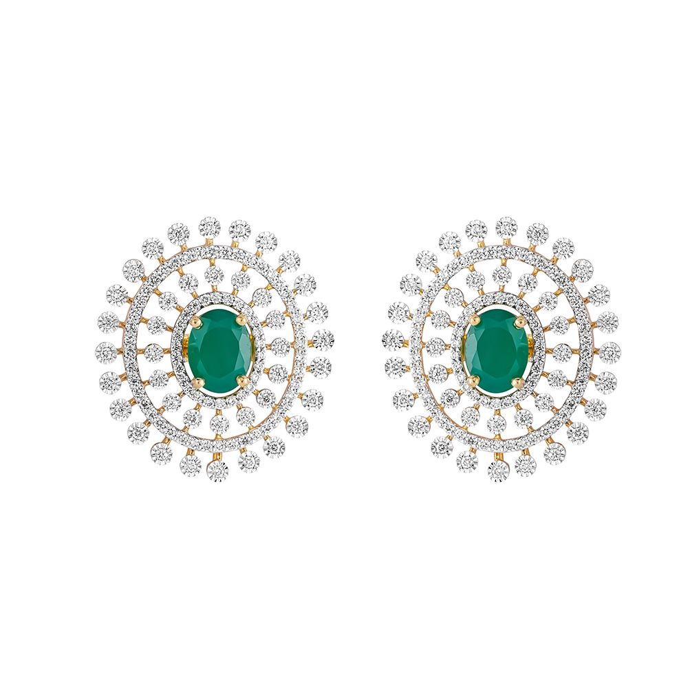 Gleaming Diamond and Green Gemstones Studs-Earrings-OSE23A09-D309R0B