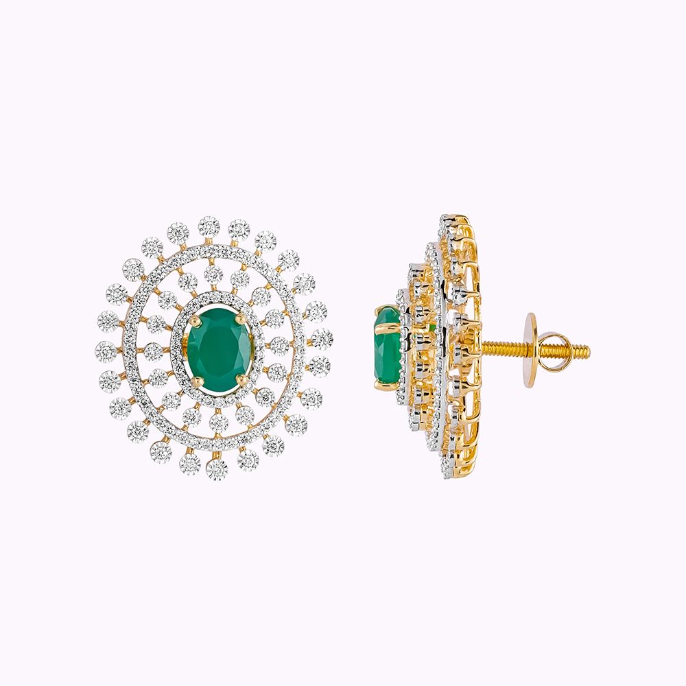 Gleaming Diamond and Green Gemstones Studs-Earrings-OSE23A09-D309R0B