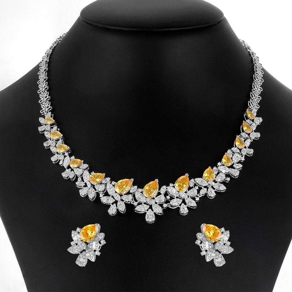 Radiant Floral Diamond and Yellow Stone Necklace Set-Diamond-ONS23A54-D332W0B