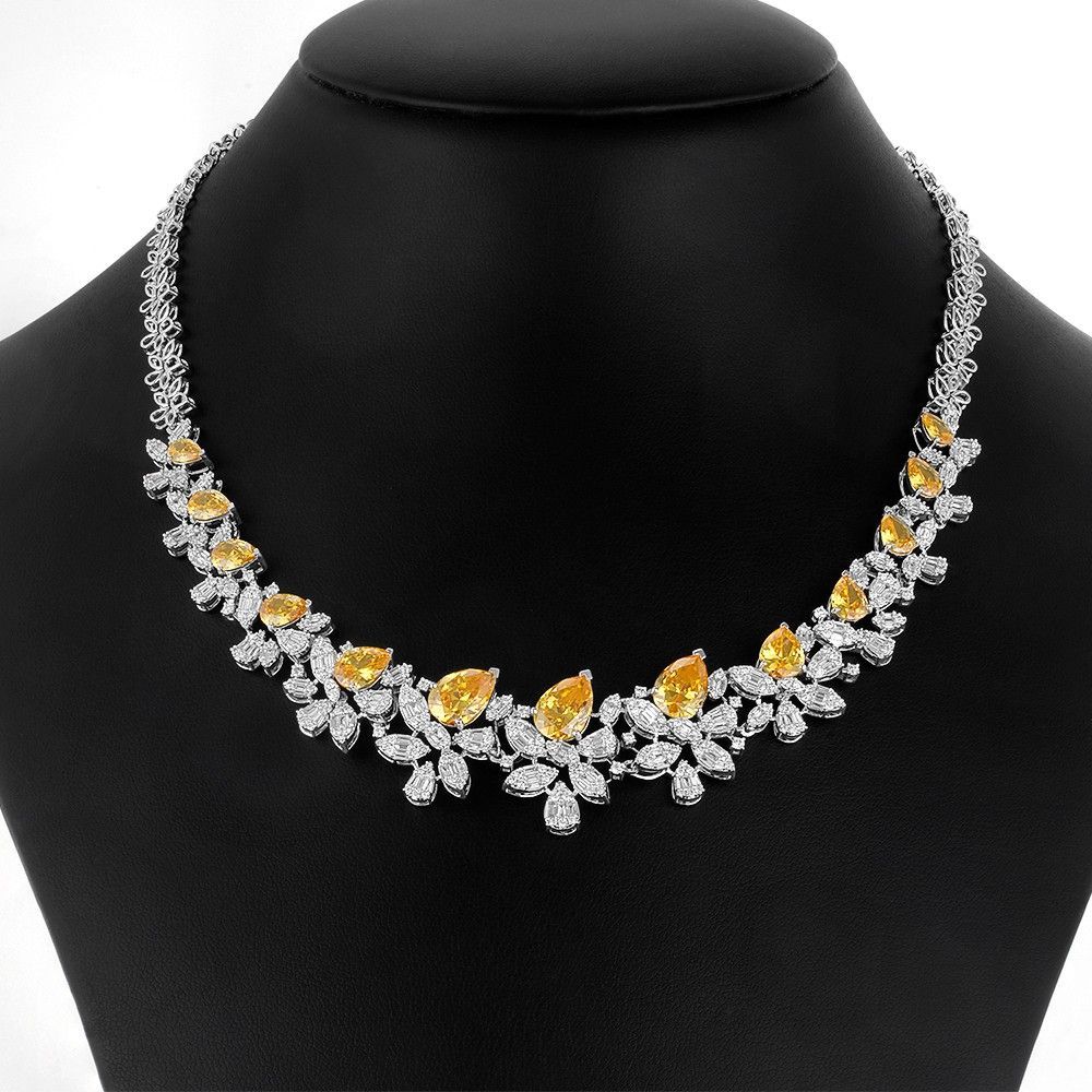 Radiant Floral Diamond and Yellow Stone Necklace Set-Diamond-ONS23A54-D332W0B