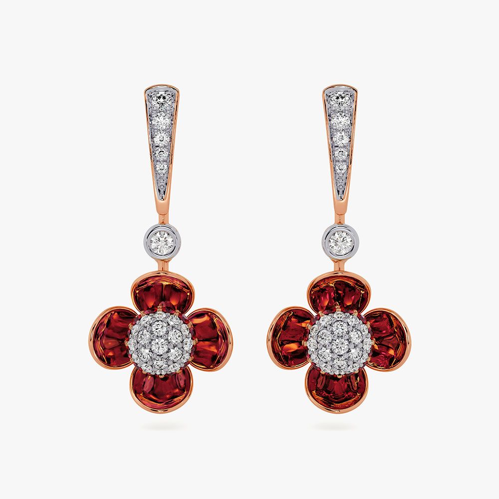 Elegant Floral 14Kt Diamond and Red Stone Earrings-Earrings-OSE26AC6-D435X0C