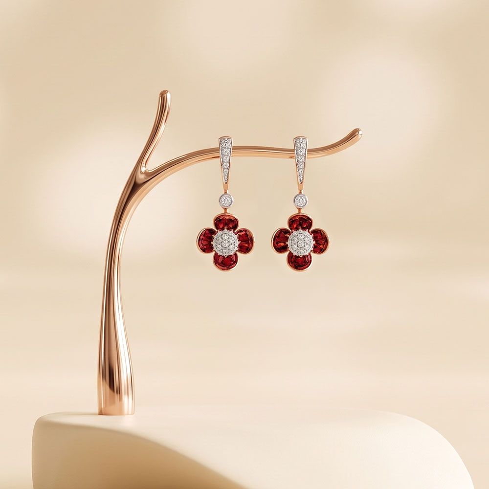 Elegant Floral 14Kt Diamond and Red Stone Earrings-Earrings-OSE26AC6-D435X0C