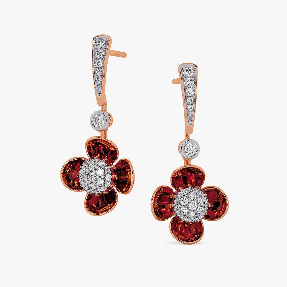 Elegant Floral 14Kt Diamond and Red Stone Earrings-Earrings-OSE26AC6-D435X0C