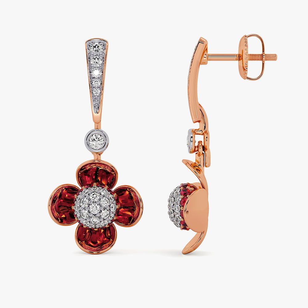 Elegant Floral 14Kt Diamond and Red Stone Earrings-Earrings-OSE26AC6-D435X0C