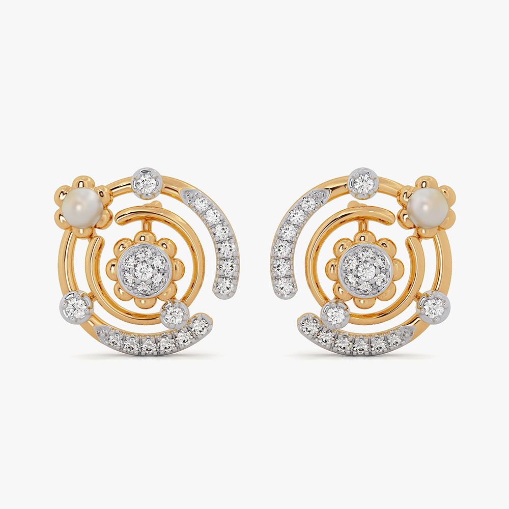 Elegant Cosmos 14KT Diamond Pearl Stud Earrings-Earrings-OSE26AE5-D454RDC