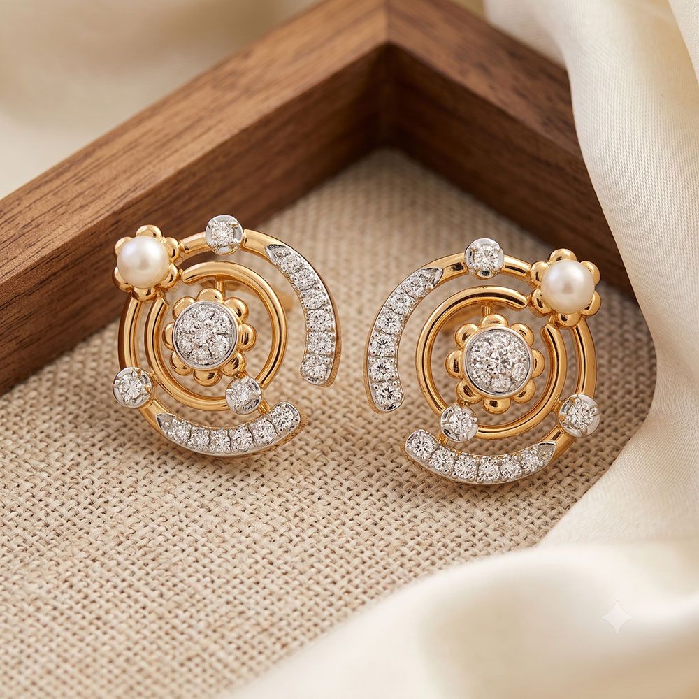 Elegant Cosmos 14KT Diamond Pearl Stud Earrings-Earrings-OSE26AE5-D454RDC