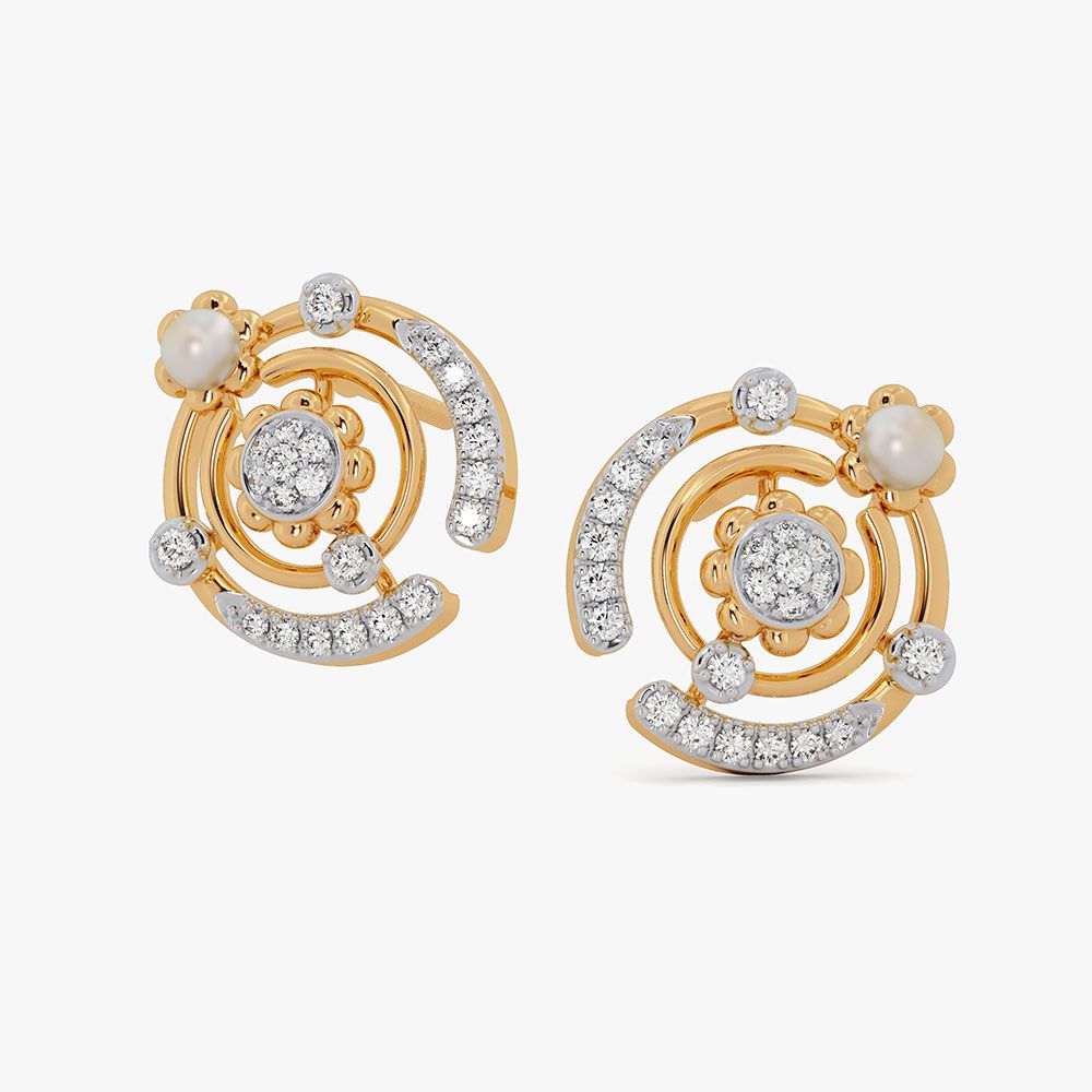 Elegant Cosmos 14KT Diamond Pearl Stud Earrings-Earrings-OSE26AE5-D454RDC