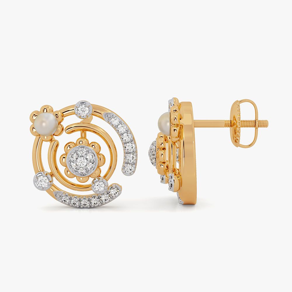 Elegant Cosmos 14KT Diamond Pearl Stud Earrings-Earrings-OSE26AE5-D454RDC