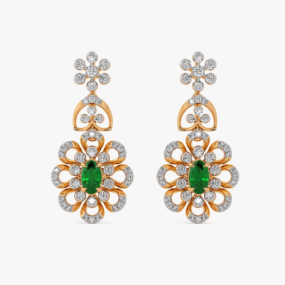 Floral Beauty 14Kt Yellow Gold Diamond Drop Earrings-Earrings-OSE26B33-D435RDC