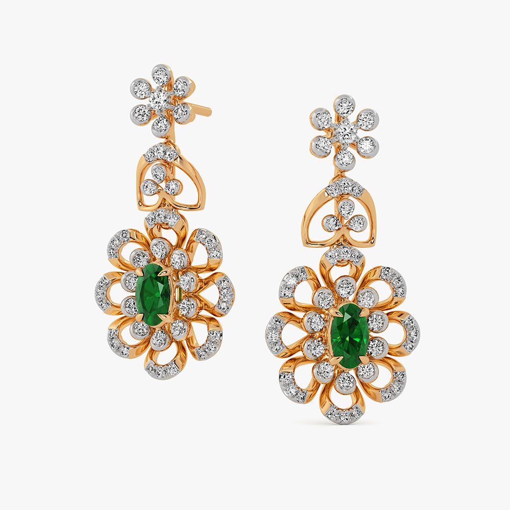 Floral Beauty 14Kt Yellow Gold Diamond Drop Earrings-Earrings-OSE26B33-D435RDC