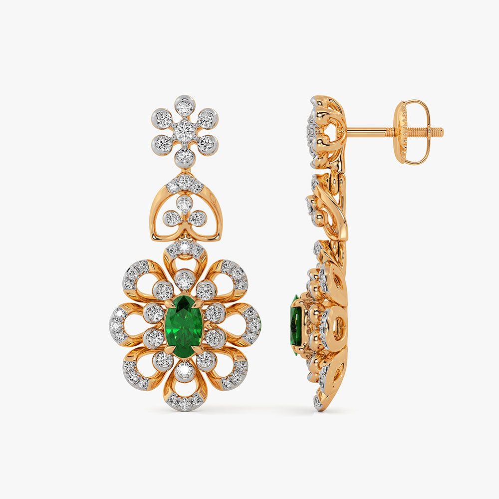 Floral Beauty 14Kt Yellow Gold Diamond Drop Earrings-Earrings-OSE26B33-D435RDC