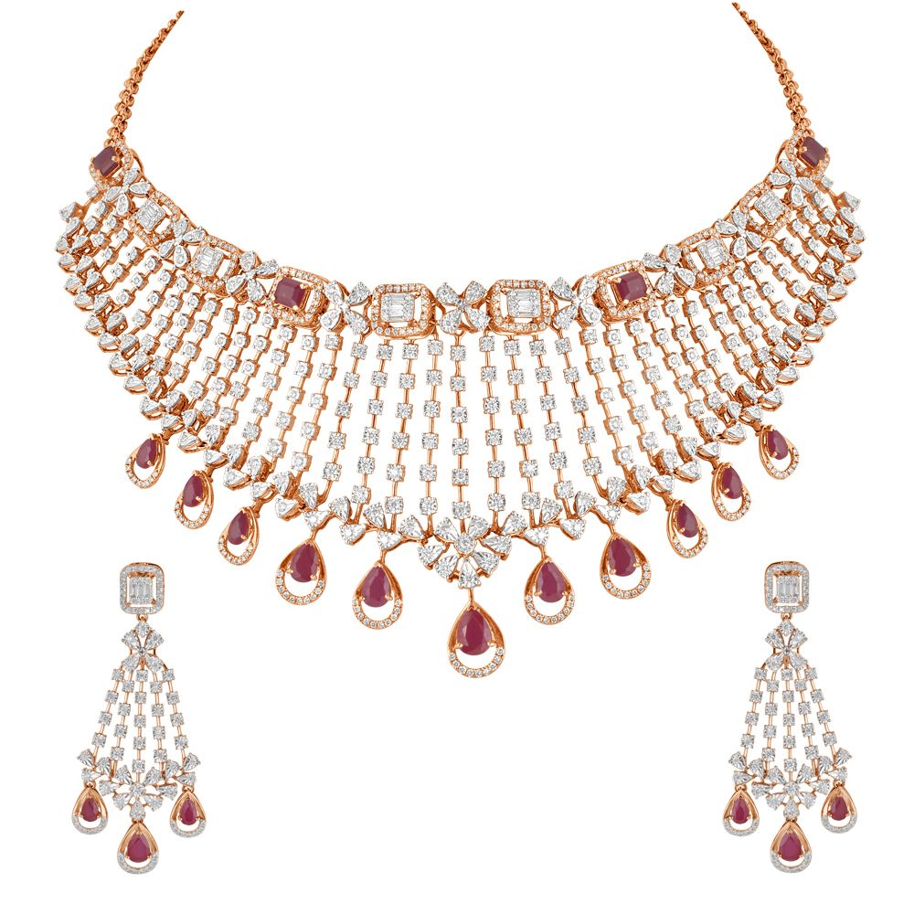 Floral Illuminating Diamond Necklace Set in Rose Gold-Diamond-ONS19119-D409X0C