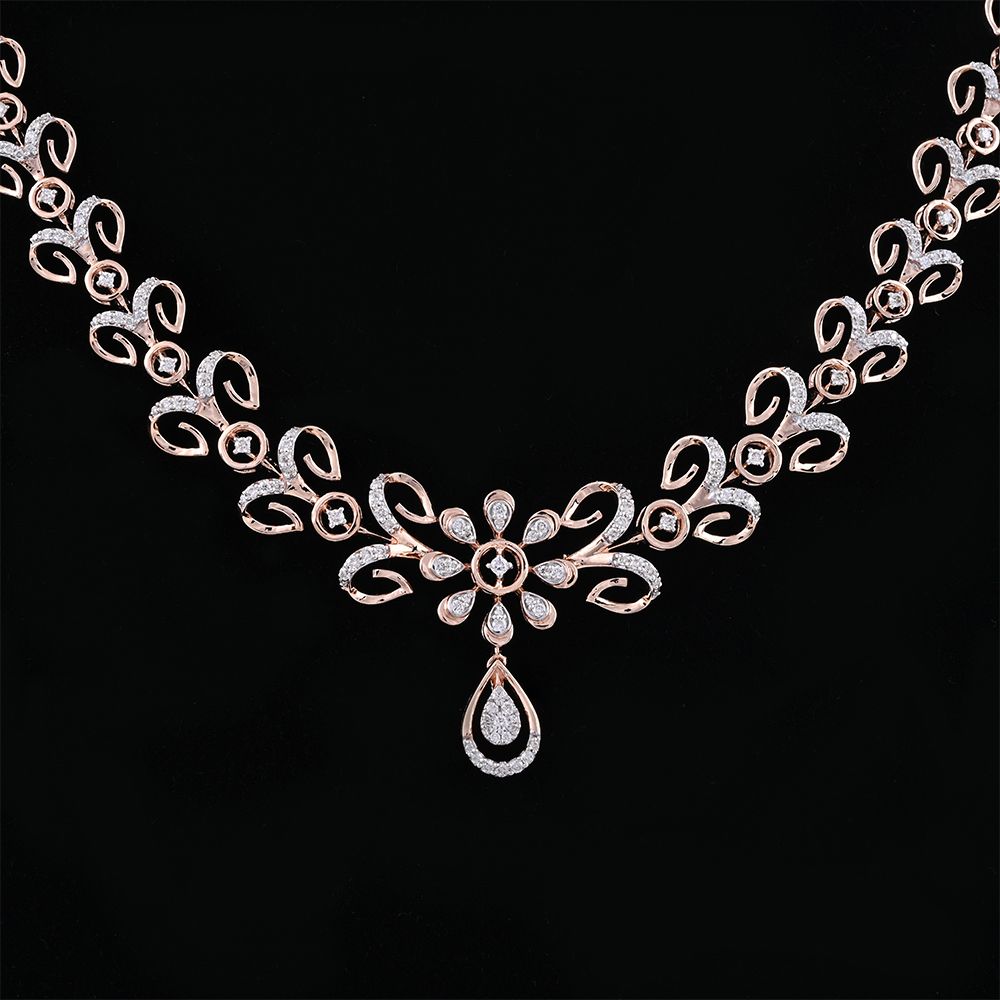 Floral Earrings and Dazzling Necklace Set With Diamonds-All Jewellery-ONS20007-D300X0B