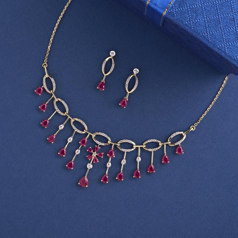 Red Stone Delicate Diamond Necklace Set-Diamond-ONS22032-D910R0C