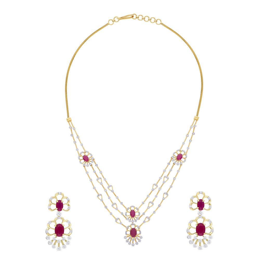 Gemstones Studded Diamond Necklace and Earrings Set-All Jewellery-ONS22166-D910R1C