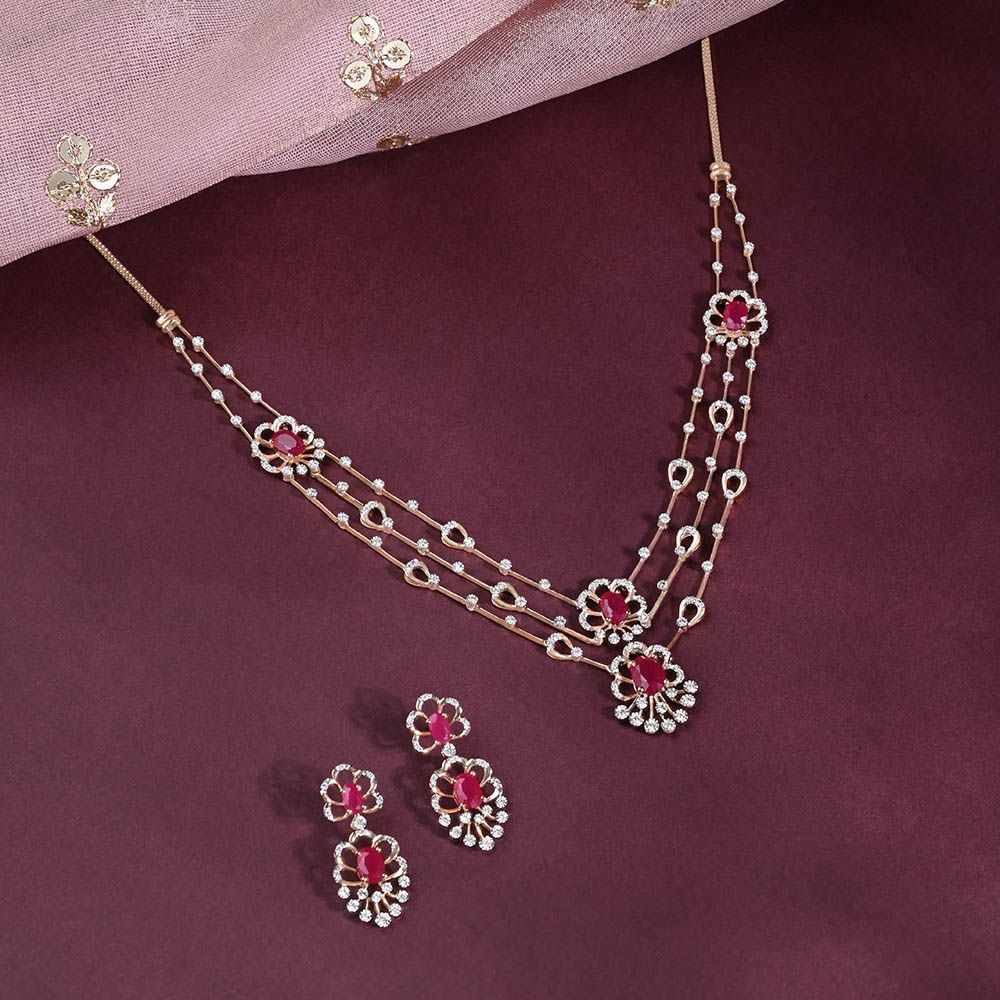 Gemstones Studded Diamond Necklace and Earrings Set-All Jewellery-ONS22166-D910R1C