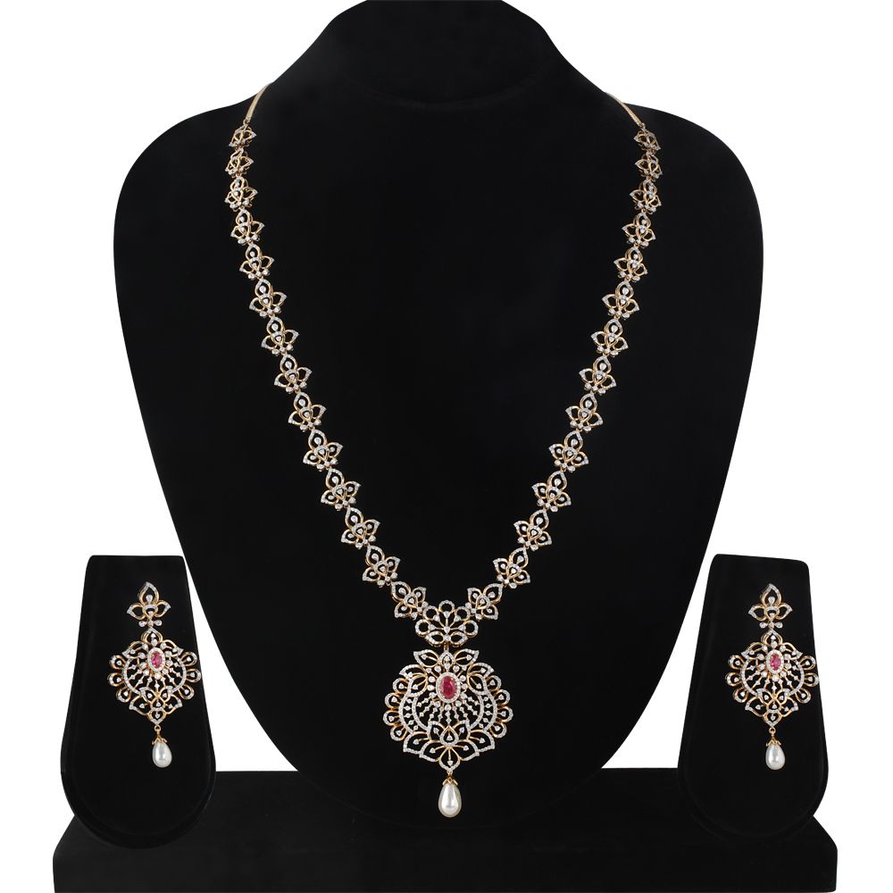 Ornate Diamond Embellished Earrings and Necklace Set-All Jewellery-ONS22185-D309R0B