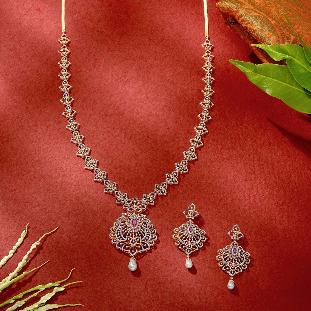 Ornate Diamond Embellished Earrings and Necklace Set-All Jewellery-ONS22185-D309R0B