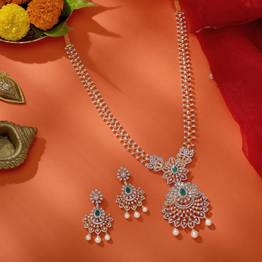 Ethereal Diamond Necklace and Earring Set in 18Kt Yellow Gold-Diamond-ONS22190-D309R0B