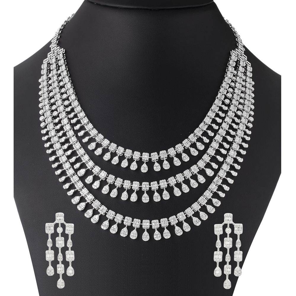 Diamond Danglers and Necklace in Shimmering White Gold-All Jewellery-ONS22193-D300W0C