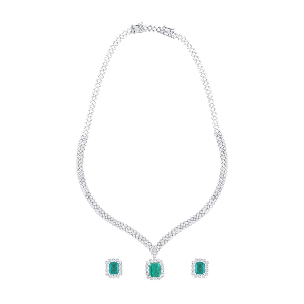 Elegant Green Gemstone and Diamond Necklace Set-All Jewellery-ONS23014-A311W0B