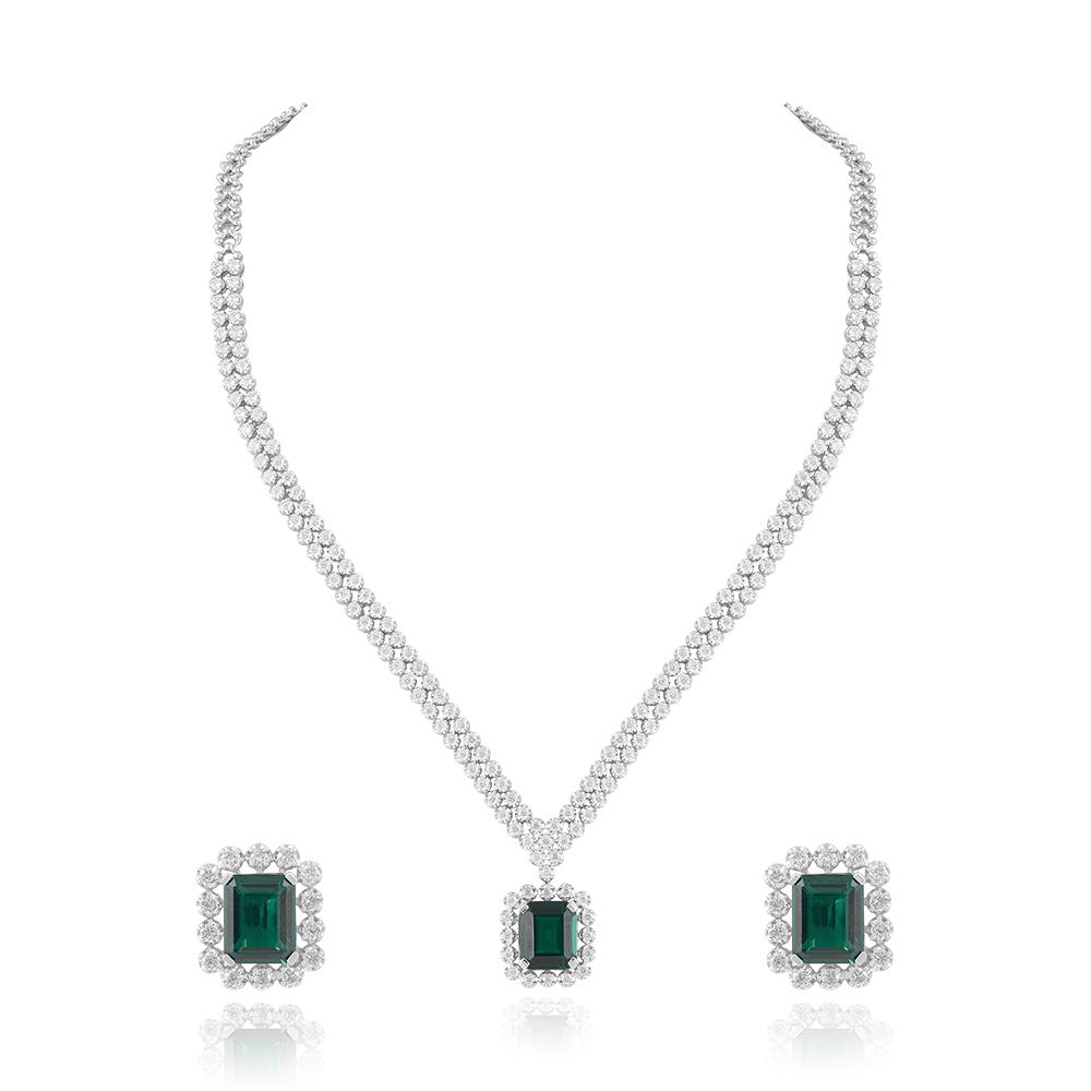 Elegant Green Gemstone and Diamond Necklace Set-All Jewellery-ONS23014-A311W0B