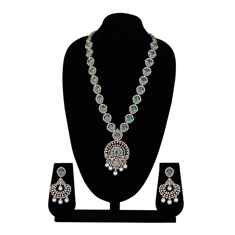 Classic Diamond and Green Gemstone Necklace and Earring Set-Diamond-ONS23A03-D309R0B