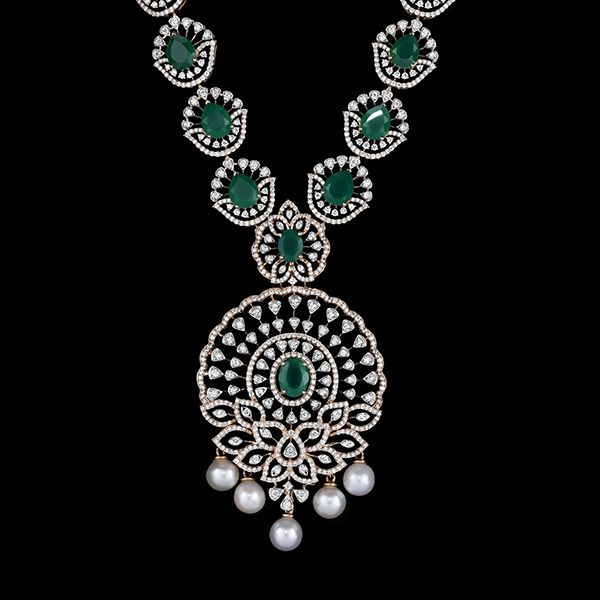 Classic Diamond and Green Gemstone Necklace and Earring Set-Diamond-ONS23A03-D309R0B