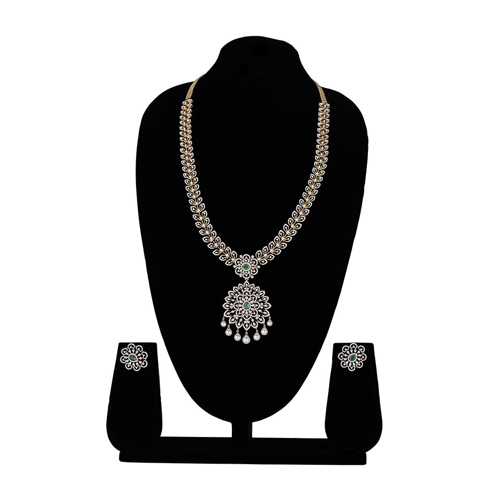 Dazzling Floral Diamond & Green Gemstones Necklace Set-Necklace Sets-ONS23A05-D311R0B